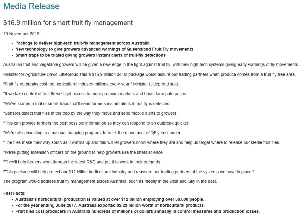 Media Release 19th November 16.9 million for smart fruit fly management